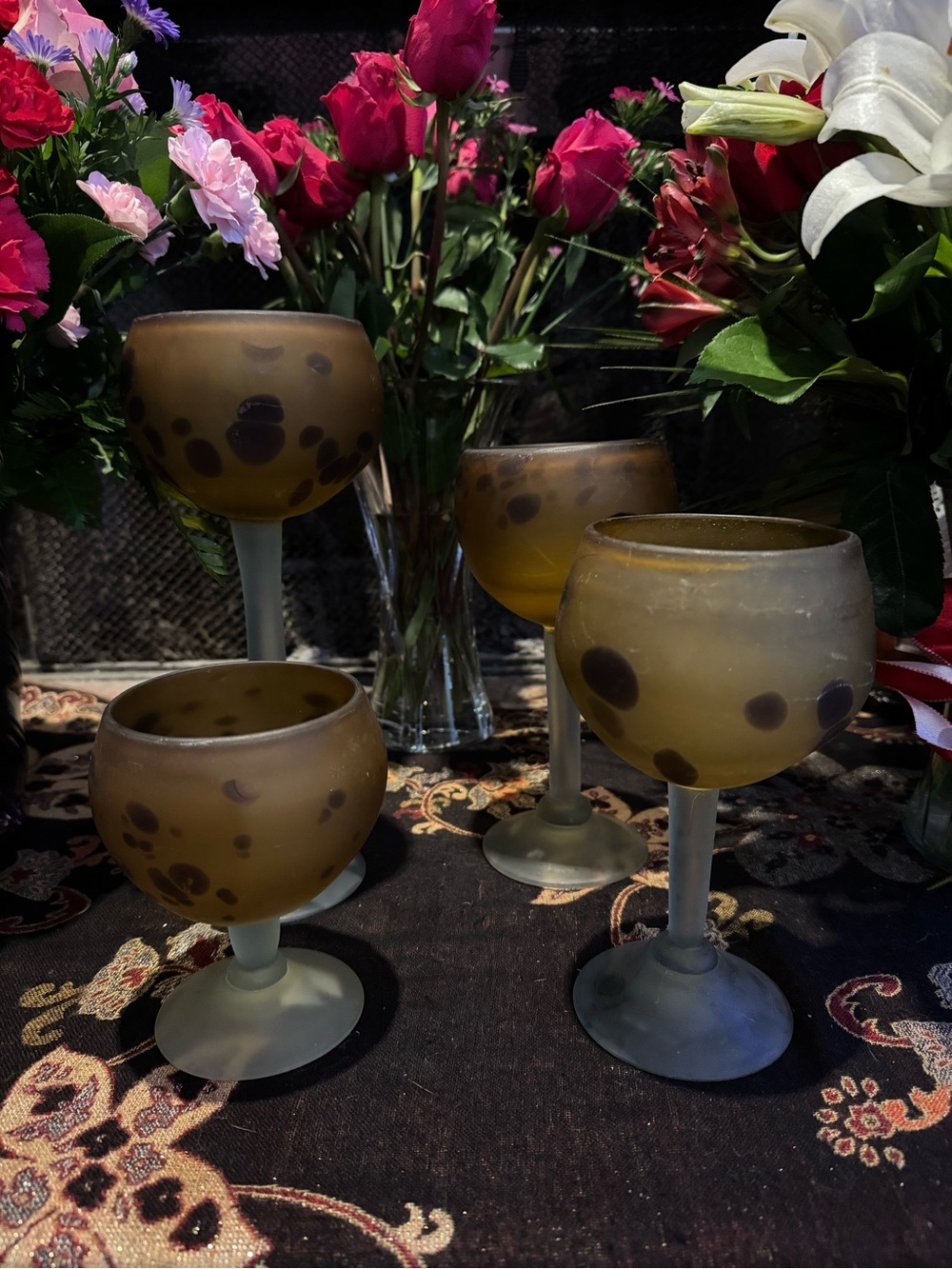 Antique-Style Frosted Amber Goblets with Brown Spots - Set of 4